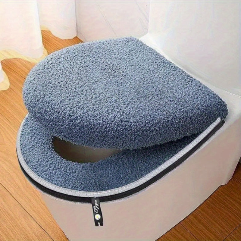 Universal Fit Winter Thickened Double Set Toilet Seat Cushion with Zipper, Soft Firmness, Waterproof Bathroom Pad with Handle, Machine Washable, No Electricity Needed, Home Use
