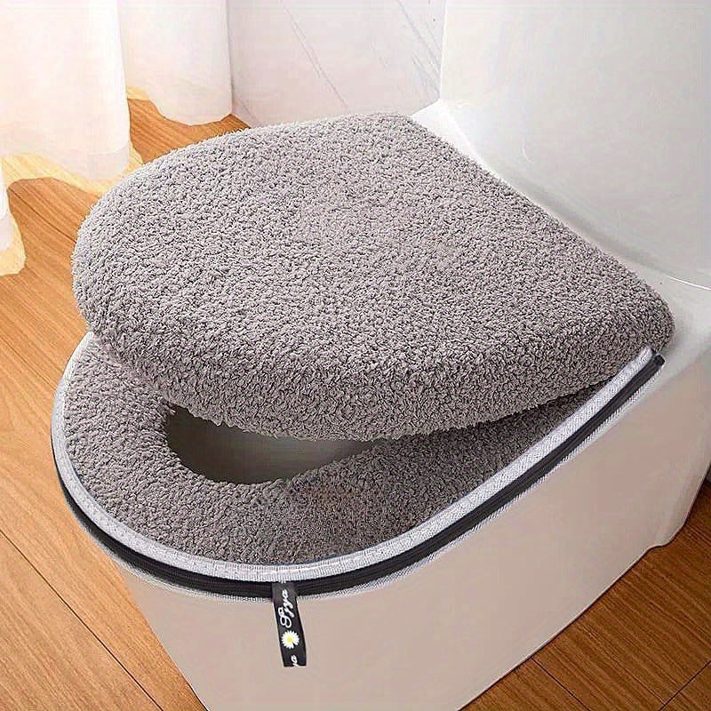 Universal Fit Winter Thickened Double Set Toilet Seat Cushion with Zipper, Soft Firmness, Waterproof Bathroom Pad with Handle, Machine Washable, No Electricity Needed, Home Use